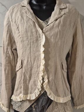 Beige Linen Ruffle-Trim Blazer Jacket